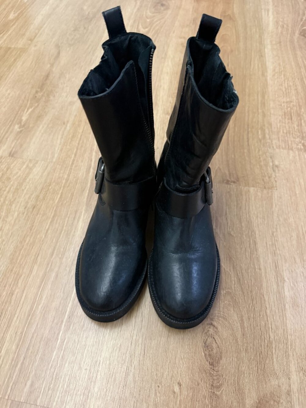 AllSaints Black Leather Buckle Moto Boots Size 37